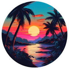 Wall Mural - Image of sunset with palm trees in the foreground.