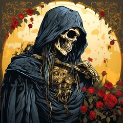 Poster - Skeleton wearing black cloak and holding bouquet of roses.