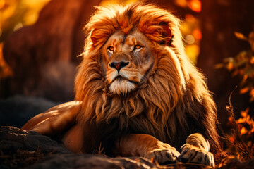 Poster - Close up of lion laying down on the ground.