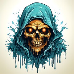 Sticker - Drawing of skull wearing blue hoodie and glowing eyes.