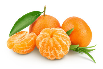 Wall Mural - Tangerine or clementine with green leaf isolated on white background with full depth of field.