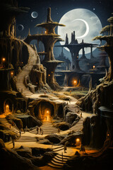 Canvas Print - Image of fantasy landscape with stairs leading up to cave.