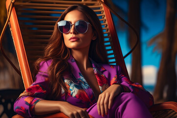 Sticker - Woman in purple suit and sunglasses sitting in chair.