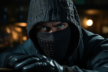 Poster - Man wearing black mask and gloves with black hood.