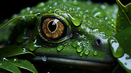 Wall Mural - Frog Hiding from Rain under a Leaf. Generative AI