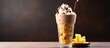 A blended beverage made with coffee flavored ice combined with creamy dessert and a tropical fruit extract