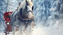  A Horse Pulling A Sleigh With People In It On A Snow Covered Road In A Winter Scene With Snow Covered Trees And A Man In A Red Jacket.  Generative Ai