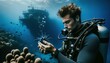 A daring scuba male diver explores the vibrant coral reef, surrounded by marine life.