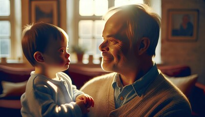 Family members with Down syndrome taking care of their grandchildren with Down syndrome.