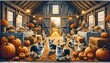 Delve into a rustic barn setting, perfectly capturing the essence of Thanksgiving. Pembroke Welsh Corgis, with their distinct short legs and endearing expressions, merrily frolic among hay bales 