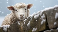  A Close Up Of A Sheep Looking Over A Stone Wall With Snow On The Ground And Behind It Is A Rock Wall With Snow On It And Snowing On The Ground.  Generative Ai