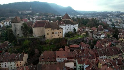 Wall Mural - France travel and landmarks. Romantic beautiful old town of Annecy aerial drone view with medieval castle. Haute-Savoi region
4k HD video