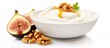 A serving of Greek yogurt topped with honey along with walnuts and figs