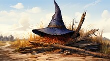  A Painting Of A Wizard's Hat Sitting On Top Of A Pile Of Logs In The Middle Of A Field Of Dry Grass And Dead Grass, With A Blue Sky In The Background.  Generative Ai