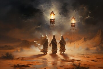 Wall Mural - whirling sandstorm djinns, granting three wishes to those who find their lamp - generative ai