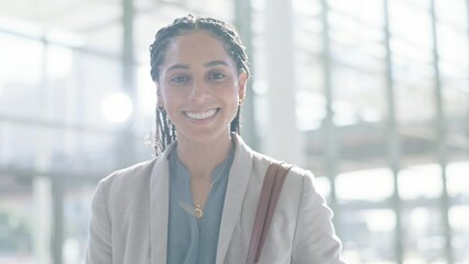 Wall Mural - Smile, face and a woman in an office, walking and at work in the morning. Back, smile and portrait of a young corporate girl or employee in the workplace for a professional career, job or company