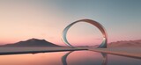 Fototapeta Natura - Fantasy world, futuristic fantasy image. Surreal landscape with water and colorful sand. Podium, display on the background of abstract glass, mirror shapes and objects.	