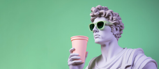 Portrait of a white sculpture of apollo in green glasses with a pink glass on a green background with copy space.