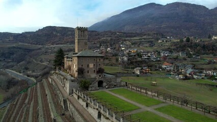 Canvas Print - Italy, Valle d'Aosta region famous with medieval historic castles. Scenic Sarre village and beatiful castle aerial drone view. 4kHD video