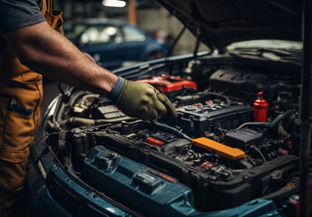 Technician Hands of car mechanic working repair in auto repair Service electric battery and Maintenance of car battery. Check the electrical system inside the car Generative AI