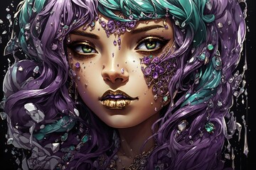 Wall Mural - a digital art of a woman with purple hair and jewels