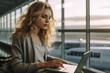 © เลิศลักษณ์ ทิพชัย - Airport, traveling woman typing on laptop in lobby social media or play on the internet Freelancer and woman with laptop computer ready to connect to network and waiting for flight to depart