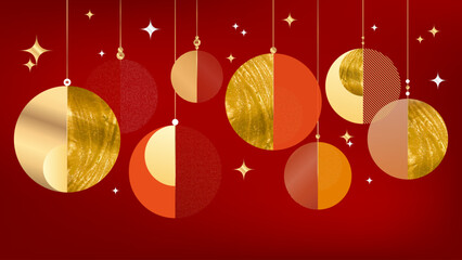 Wall Mural - Merry Christmas and Happy New Year card with original elegant luxury golden abstract christmas balls and copy space on red background