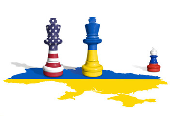 Chess made from USA, Ukraine and Russia flag on a Ukraine flag map.