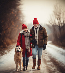 Loving family walking with their golden retriever dog on a snowy country road. Smiling woman and older man wearing red Christmas hats, taking a walk on a calm winter day.