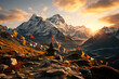 Stunning Himalayan view with a Tibetan stupa, colorful prayer flags, and a radiant sunset over snow-capped peaks.