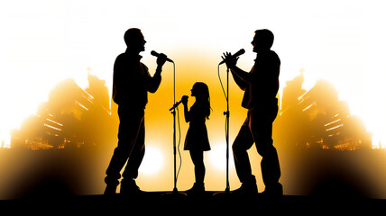 Wall Mural - Silhouette of a male and female vocalists singing with microphones which are used by a singer in a performance at a concert in a hall or club, Generative AI stock illustration image