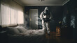 A pest controller, suited in protective attire, is dispersing insecticides in a sleeping area.