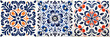 This intricate ceramic tile design features a blue and white damask pattern with a victorian style, including a large floral centrepiece and baroque elements.