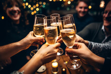 Happy Friends Having Fun And Toasting Sparkling Wine Glasses Close-up Against Golden Bokeh Lights Background. Christmas Celebration