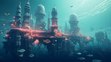 Fototapeta Do akwarium - Underwater city with buildings made of living coral, surreal background, landscape background, desktop background, concept for banner, web background and templates, aspect-ratio 16:9