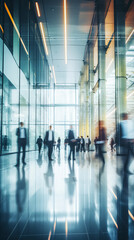blurred silhouettes of business people in lobby of modern business center. abstract light motion blu