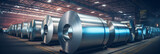Roll of Steel Sheet in Factory Warehouse. Strip Galvanised Steel Coil or Cold Rolled Strip, a Steel Product Produced from a Hot Rolled Strip. Steel Mill. Generative AI.
