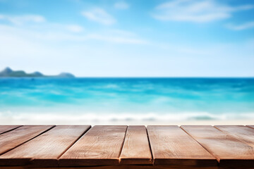 Empty wooden table light brown wood texture Blurred background, sea view and beach