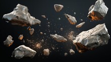 Rock Stone White Background Fall Black Falling Space Isolated Splash Dust Mountain Cliff Flying. Earth Stone Boulder Texture Rock Abstract Broken Powder White Dirt Blast Float Burst Fantasy Surface.