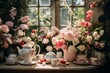 A garden scene set with a vibrant tea party setup, complete with vintage china, lush florals, and a touch of aesthetic. Generative Ai