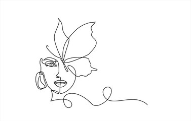 Wall Mural - Beautiful woman face with butterfly. Abstract composition hand draw continuous line. Hand-drawn vector line-art illustration. One Line style drawing.