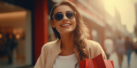 Sticker - A woman wearing sunglasses and holding shopping bags. Perfect for fashion, retail, and consumerism concepts