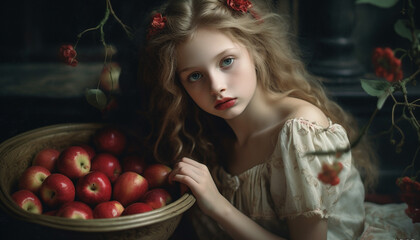 Canvas Print - Cute Caucasian child in a beautiful dress, smiling at camera, surrounded by nature decoration and fruit basket celebration generated by AI