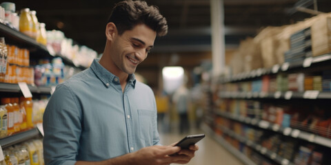 Wall Mural - A man is seen in a grocery store, focused on his phone. This image can be used to depict modern technology use in everyday life or to illustrate the convenience of mobile shopping