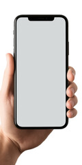 Wall Mural - A hand is holding a black phone with a white screen. This versatile image can be used to illustrate technology, communication, or mobile devices.