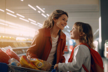 Poster - A woman and a young girl are seen shopping in a grocery store. This image can be used to depict family bonding, teaching children about nutrition, or everyday activities.