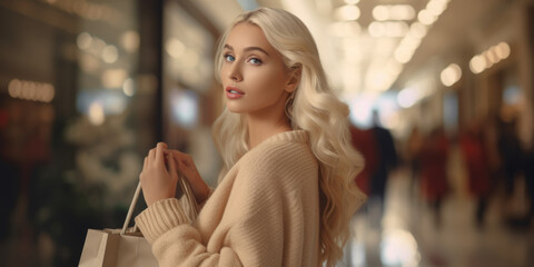 Poster - A stunning blonde woman confidently holds a shopping bag, ready to indulge in a shopping spree. This image can be used to depict fashion, consumerism, or retail therapy.