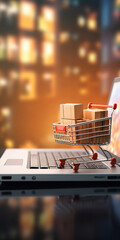 Poster - A shopping cart is placed on top of a laptop computer. This image can be used to represent online shopping or e-commerce concepts.