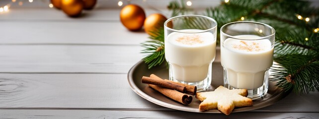 Eggnog Eggnog Christmas milk cocktail with cinnamon, served in two glasses on vintage tray with shortbread star shape sugar cookies, decor toys, fir branch over white wooden plank table, copy space