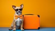 Chilled dog wearing sunglasses with colorful suitcase on orange yellow background, concept of fun travel, with copy space.